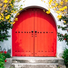 Red archway door framed by flowers