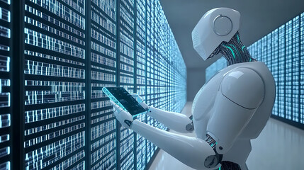 Robot Analyzing Data in a High-Tech Server Room