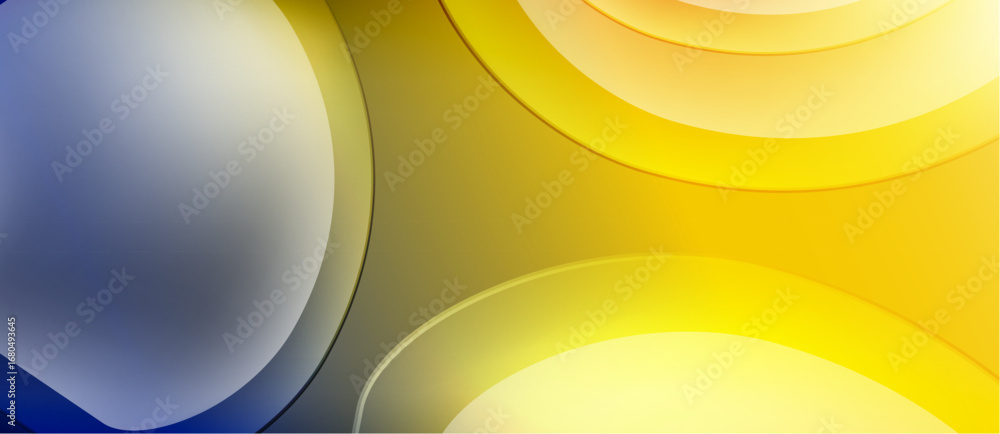Poster abstract composition featuring overlapping circles. yellows, blues create gradient effect. minimalis
