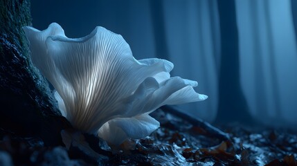 A luminous, white mushroom unfolds in a mystical forest scene bathed in cool blue light.