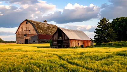 Two rustic barns in a golden field under a cloudy sky