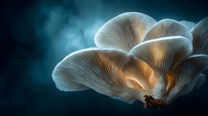 A detailed close-up view of a cluster of oyster mushrooms, illuminated from within, showcasing intricate textures and soft, warm lighting against a dark background.