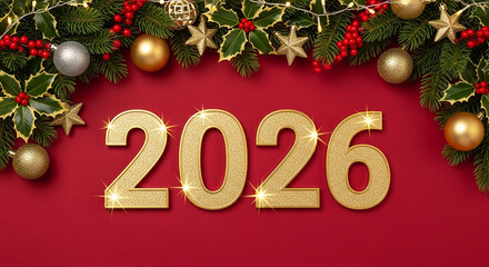 Golden glittering numbers 2026 illuminated by festive christmas lights against a red background with greenery and ornaments