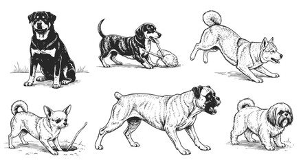 Dog Breeds vector illustration set. Vector  of labrador, golden retriever, german shepherd, bulldog, beagle, poodle, dachshund, pug, shih tzu, maltese, yorkshire terrier thin linear illustration.