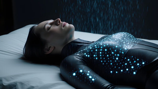 Person relaxing in a futuristic haptic suit with calming light patterns - Powered by Adobe
