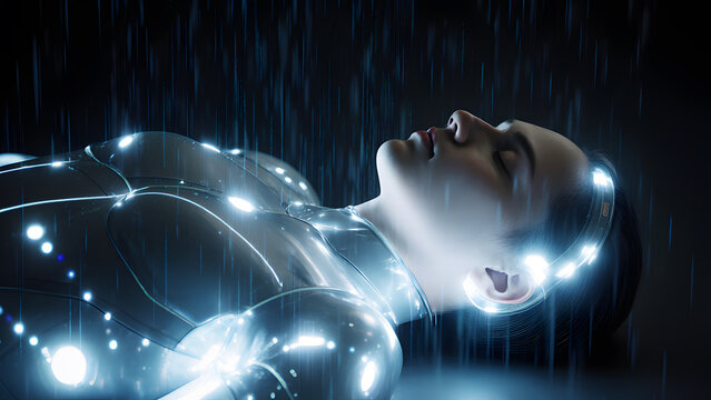 Person relaxing in a futuristic haptic suit with calming light patterns