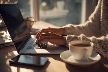 Close-up of woman working on laptop, coffee and phone
