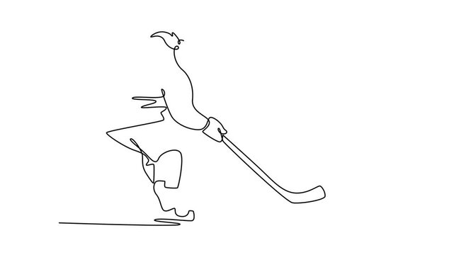 Animated self drawing of continuous line draw beauty female ice hockey player stickhandling a puck. Symbolizing athletic skill, speed, and energetic action of the game. Full length one line animation