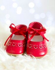 Red baby shoes on fluffy surface