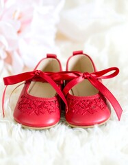 Red baby shoes on white fur
