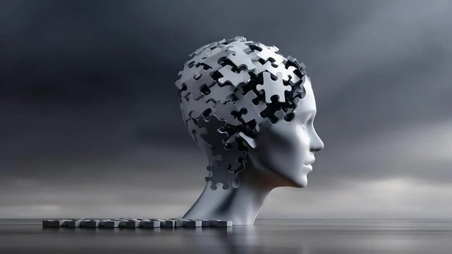 A human head sculpted from puzzle pieces, partly dissolving into the water as pieces drift away, symbolizing a fragmented mind.