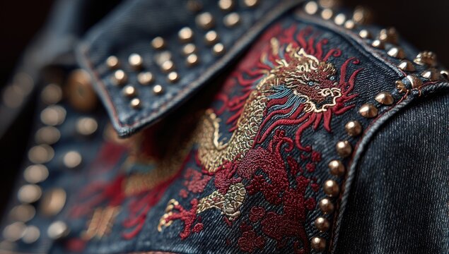 Denim jacket detail, embroidered dragon, studded shoulder