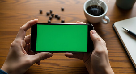 Hands Holding Smartphone with Green Screen, Coffee, Notebook on Wooden Desk