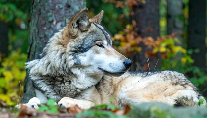 Gray Wolf Resting in Woods