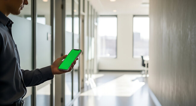 Modern Businessman Checks Green Screen Smartphone in Bright Office Corridor