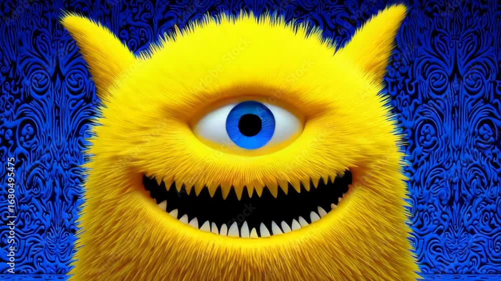 Aufkleber bright yellow furry creature with a single eye and sharp teeth, displaying a playful expression agai