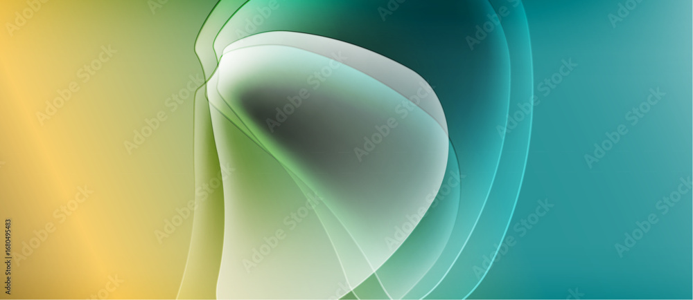 Poster abstract fluid shapes blend, creating soft gradients. colors transition from gold to teal, evoking c