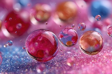 Colorful, translucent spheres hover over shimmering, sparkly surface