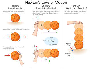 Newtons laws of motion inertia, acceleration, and action-reaction, using basketball examples for physics learning diagram hand drawn schematic vector. Science educational illustration