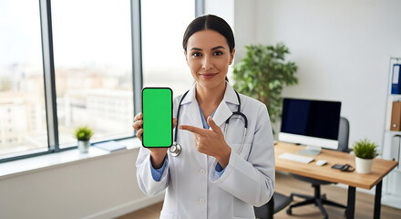 Smiling Doctor Presenting Green Screen Phone in Bright Office Setting