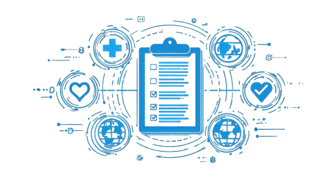 Digital clipboard surrounded by healthcare icons