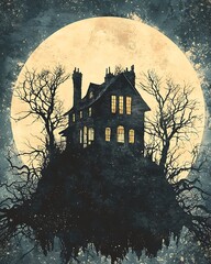 Scary moonlit haunted house scene high resolution picture