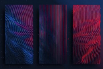 Three vertical panels of abstract art, vibrant crimson and deep indigo hues, featuring intersecting lines and textures, on a dark background