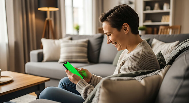 Smiling Woman Using Smartphone with Green Screen in Cozy Living Room