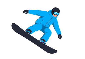 Fototapeta premium A person in a blue ski suit snowboarding with a black board and a black helmet on a white background