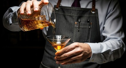 A bartender pouring a golden amber cocktail into a martini glass in a dimly lit bar