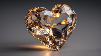 Fototapeta premium A heart-shaped, faceted gem radiates warm light against a neutral backdrop.