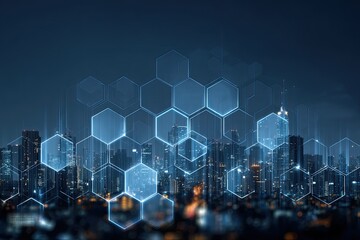 City skyline at night overlaid with glowing hexagonal data network