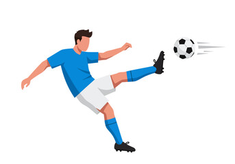 A soccer player kicks a soccer ball illustrated in flat cartoon style against a white background with motion lines behind the ball