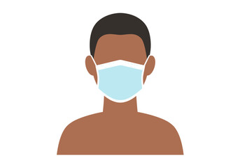 A stylized shoulderup vector illustration of a person with brown skin wearing a light blue surgical mask