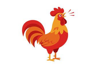 A stylized red and orange rooster stands crowing