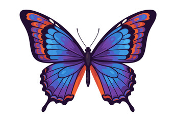 A vibrant butterfly displays symmetrical wings with blue purple and orange hues on a white background