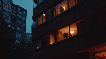 Nighttime urban scene featuring illuminated apartments contrasting with the dark sky evokes