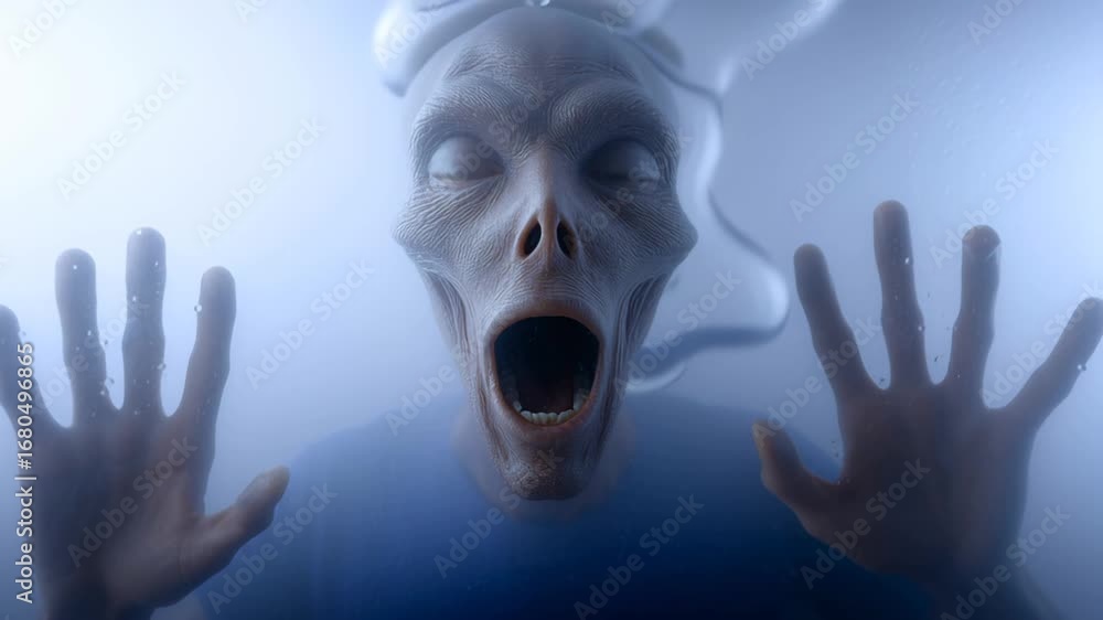 Poster alien figure with large eyes and elongated features, is pressing hands against a foggy surface, expr