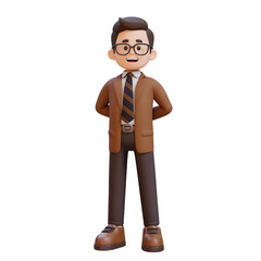 3D cartoon male teacher character Standing Hands Behind Back
