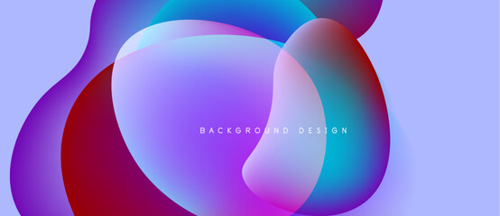 Abstract fluid shapes overlap, creating vibrant color gradients. Purple, pink, turquoise blend seamlessly. Modern design element.