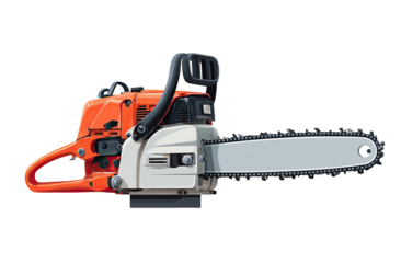 Orange and white chainsaw, angled view