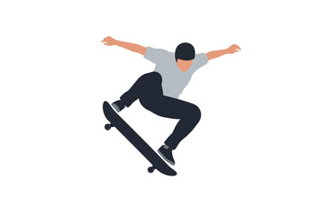 Skateboarder in midair with arms extended for balance performing a trick on a black skateboard against a white background