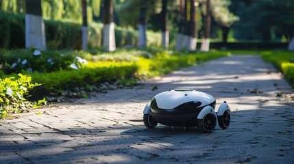 Pest control robot with a compact gray and green body, moving across garden soil or farmland to detect and eliminate pests like insects or larvae, equipped with pest-sensing tools and a targeted spray