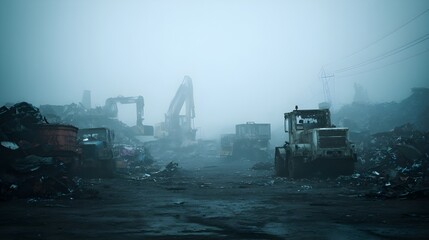 Explore a ruined cyber-punk vehicle scrapyard, a general set for dystopian narratives.