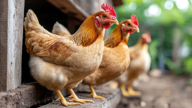 Group of free-range brown chickens wandering on lush grass in front of their coop, basking in the sun and enjoying the freedom of outdoor life on a picturesque farm - Powered by Adobe