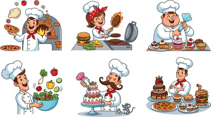 Cartoon chefs cooking delicious food, pizza, burger, cake, salad, pastry, dessert, bakery, kitchen illustration with happy characters and meals