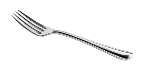 A single, polished, stainless steel fork