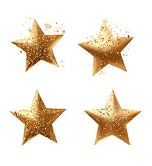 Four golden glitter stars, isolated on black background, stylized design