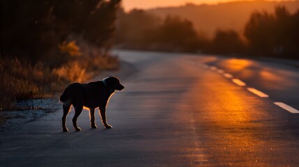 Lonely stray dog standing on an empty road at sunset.