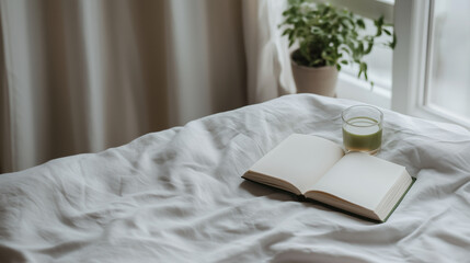 Cozy reading nook with a book and a green drink by the window during morning light